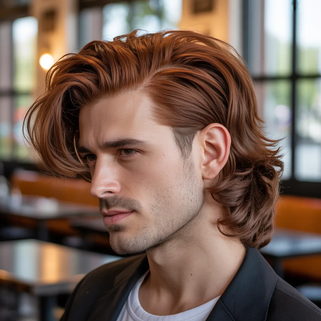 Hombre con bro flow y flequillo lateral asimétrico peinado hacia un lado, cabello castaño rojizo, fondo de café iluminado