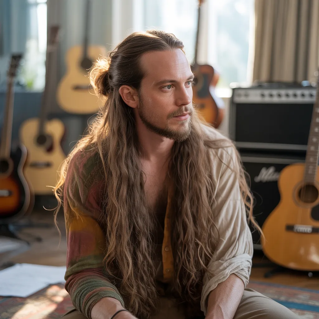 Hombre artístico con bro flow largo hasta los hombros, media cola suelta, barba conectada, estudio de música de fondo
