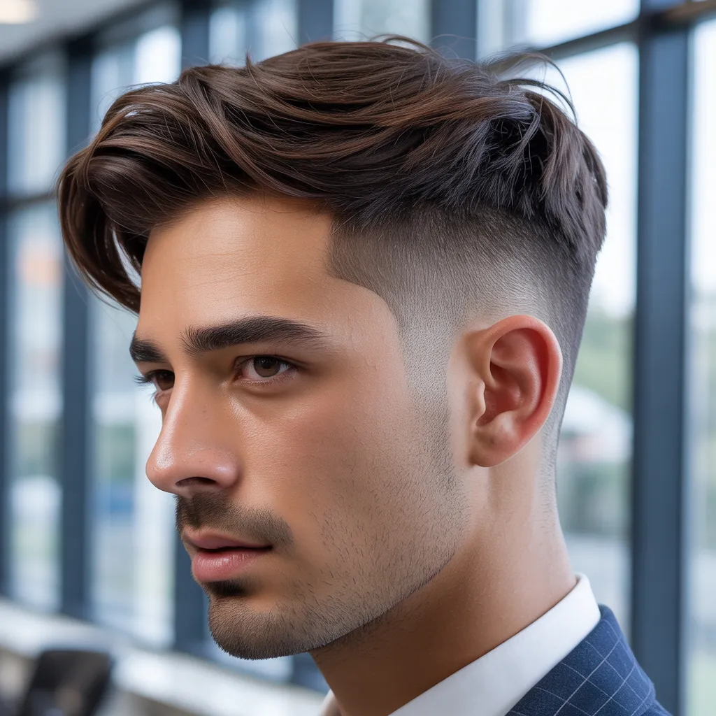 Profesional joven con bro flow y taper fade bajo, traje elegante, transición perfecta entre fade y cabello superior fluyendo
