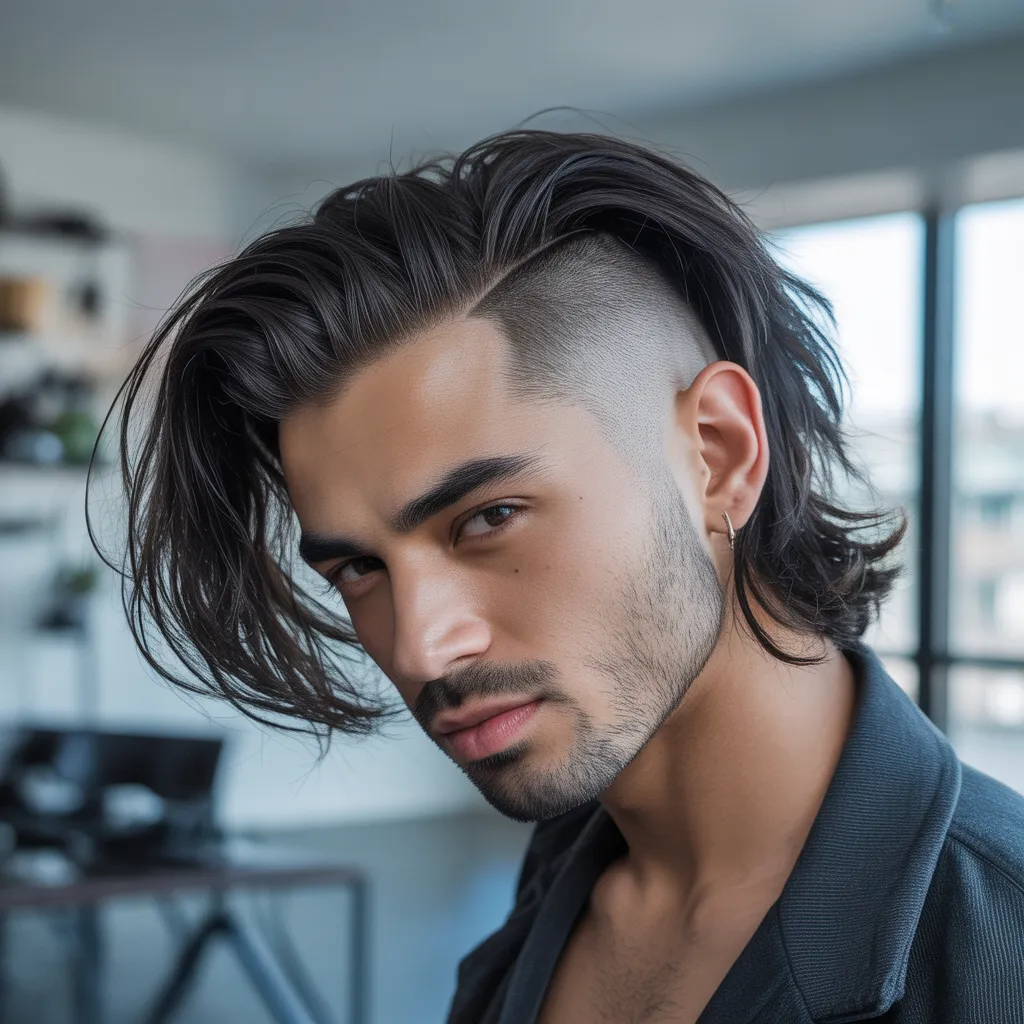 Image of Hombre moderno con bro flow y undercut sutil, cabello superior fluyendo revelando contraste en lados, loft moderno de fondo