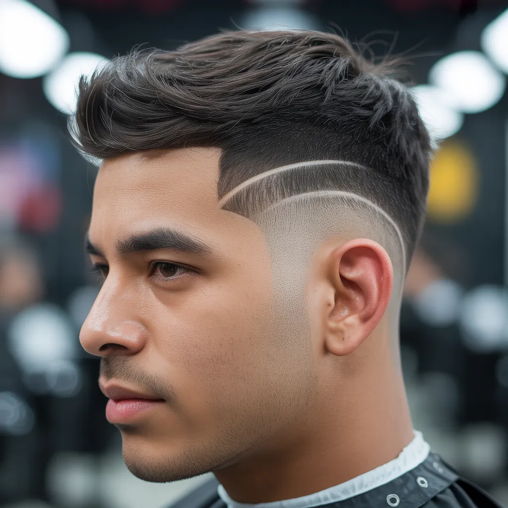 Hombre latino con burst fade clásico mostrando degradado circular perfecto alrededor de las orejas y textura superior moderada