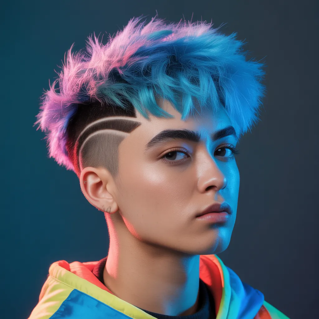 Joven Gen Z con burst fade y cabello superior azul eléctrico, degradado circular con color creativo y expresivo