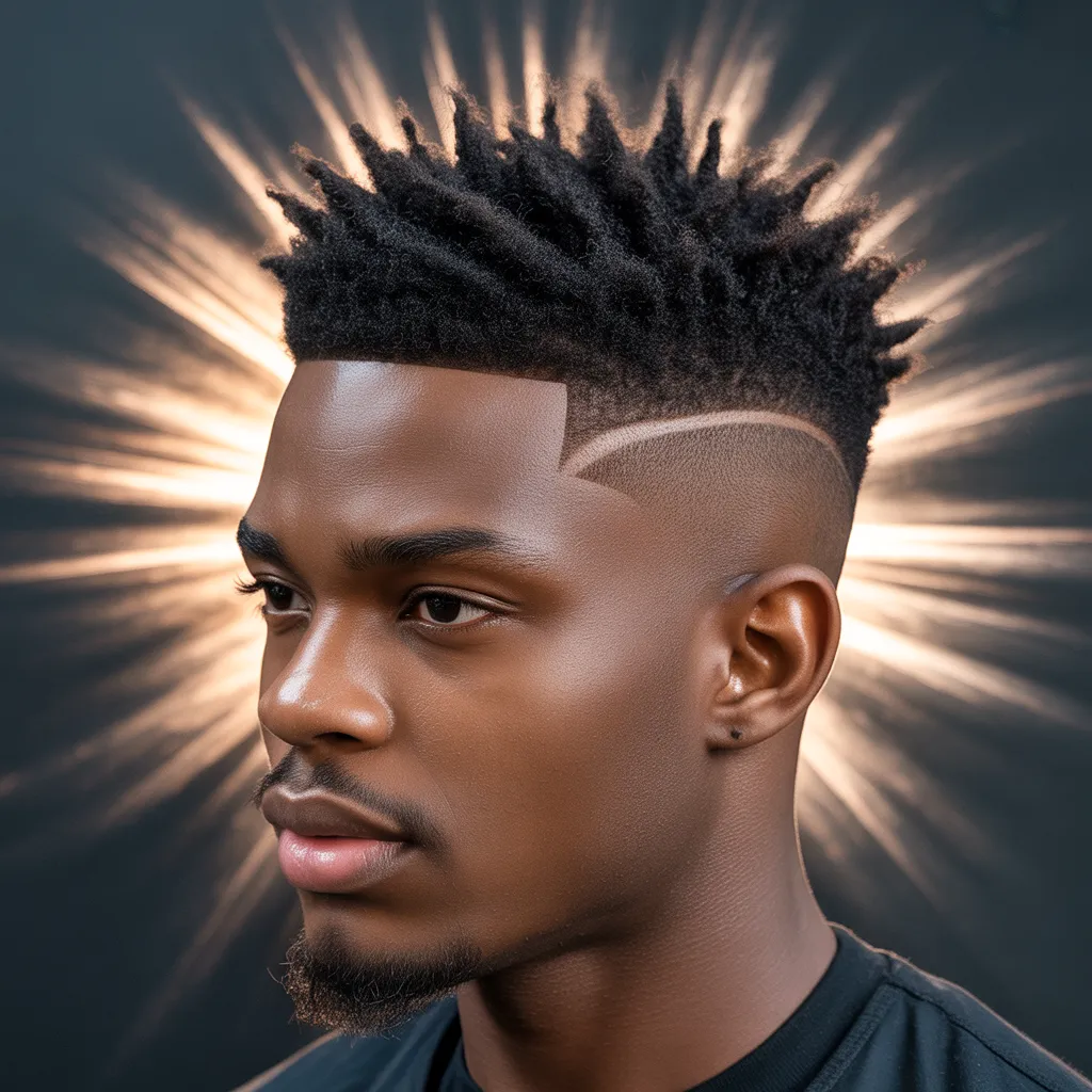 Hombre con corte burst fade mohawk, efecto explosión alrededor de las orejas con strip de mohawk texturizado