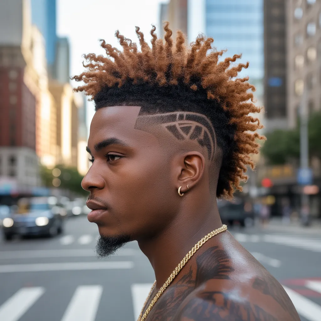 Hombre afroamericano con burst fade mohawk, textura natural 4C y diseño geométrico afeitado en el lado izquierdo