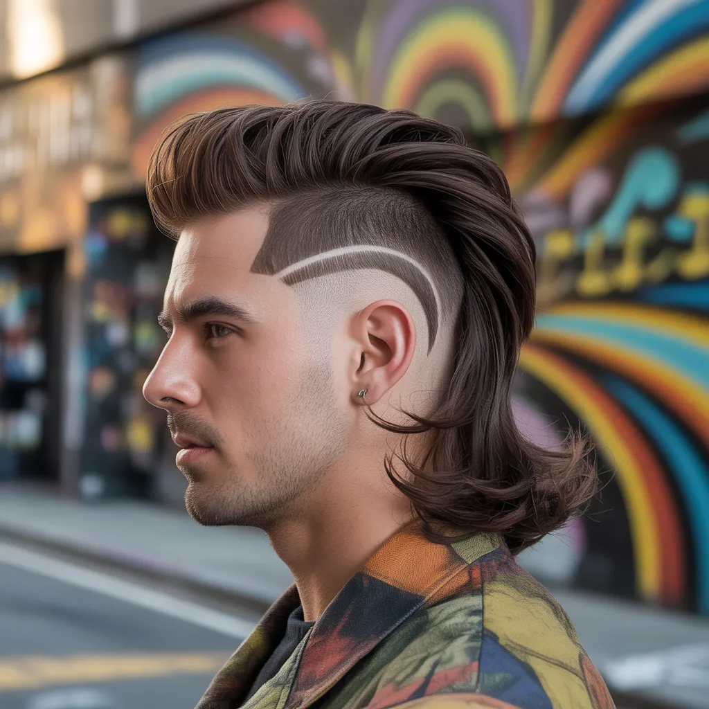 Hombre con burst fade mullet, degradado circular alrededor de orejas y cabello largo en la nuca estilo retro-moderno