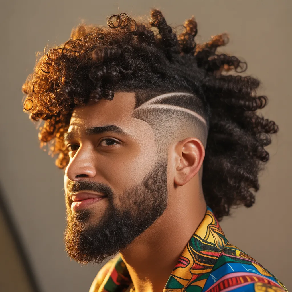 Hombre afro-latino con burst fade en cabello rizado 4C, degradado circular realzando rizos definidos y volumen natural