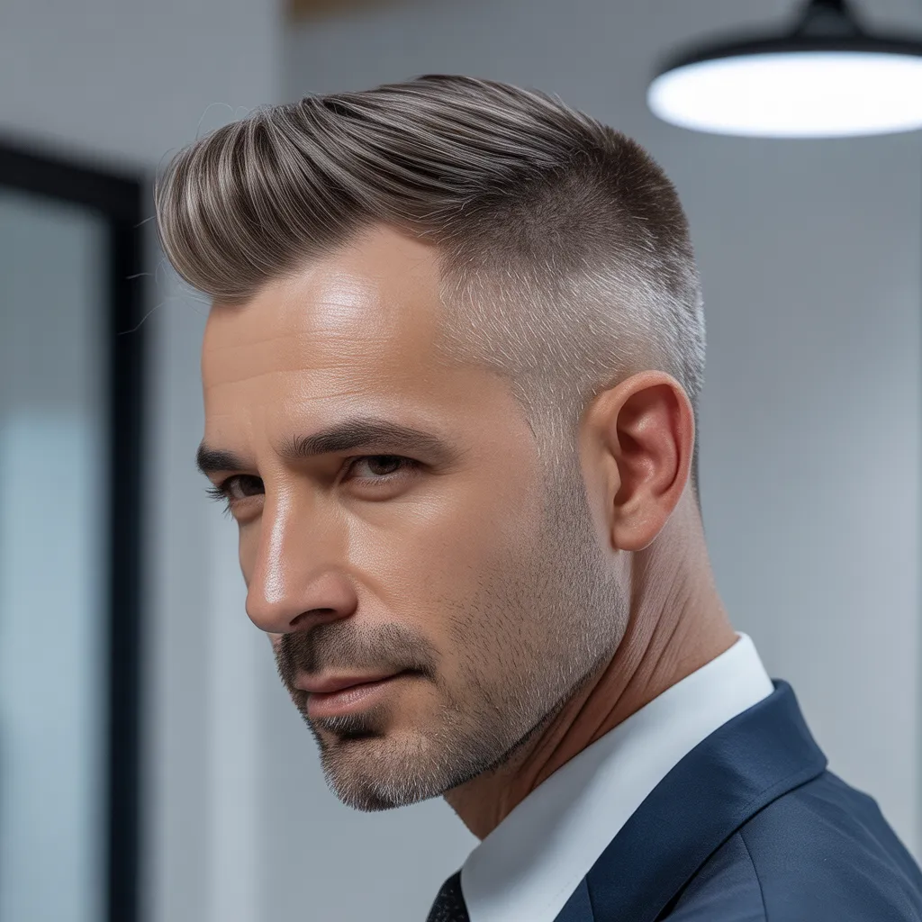 Hombre con burst taper fade sofisticado, transición gradual suave entre degradado circular y cuello