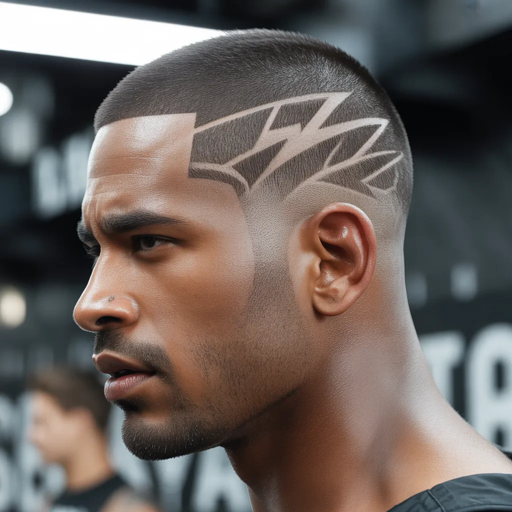 Hombre atlético con buzz cut fade y diseño de rayo en el lado, fade alto a la piel