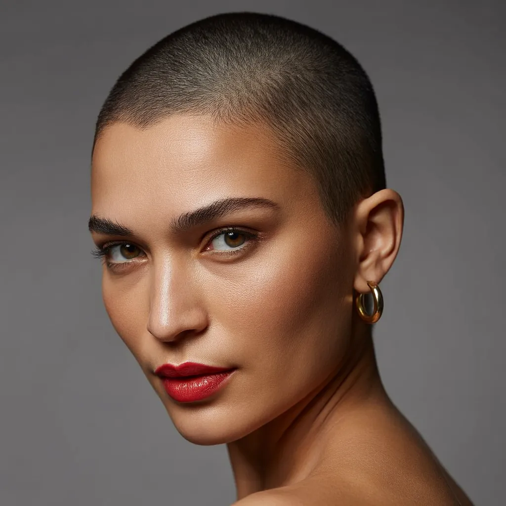 Mujer con buzz cut de 6mm, cabello negro natural, labios rojos, aretes dorados, retrato de belleza empoderada