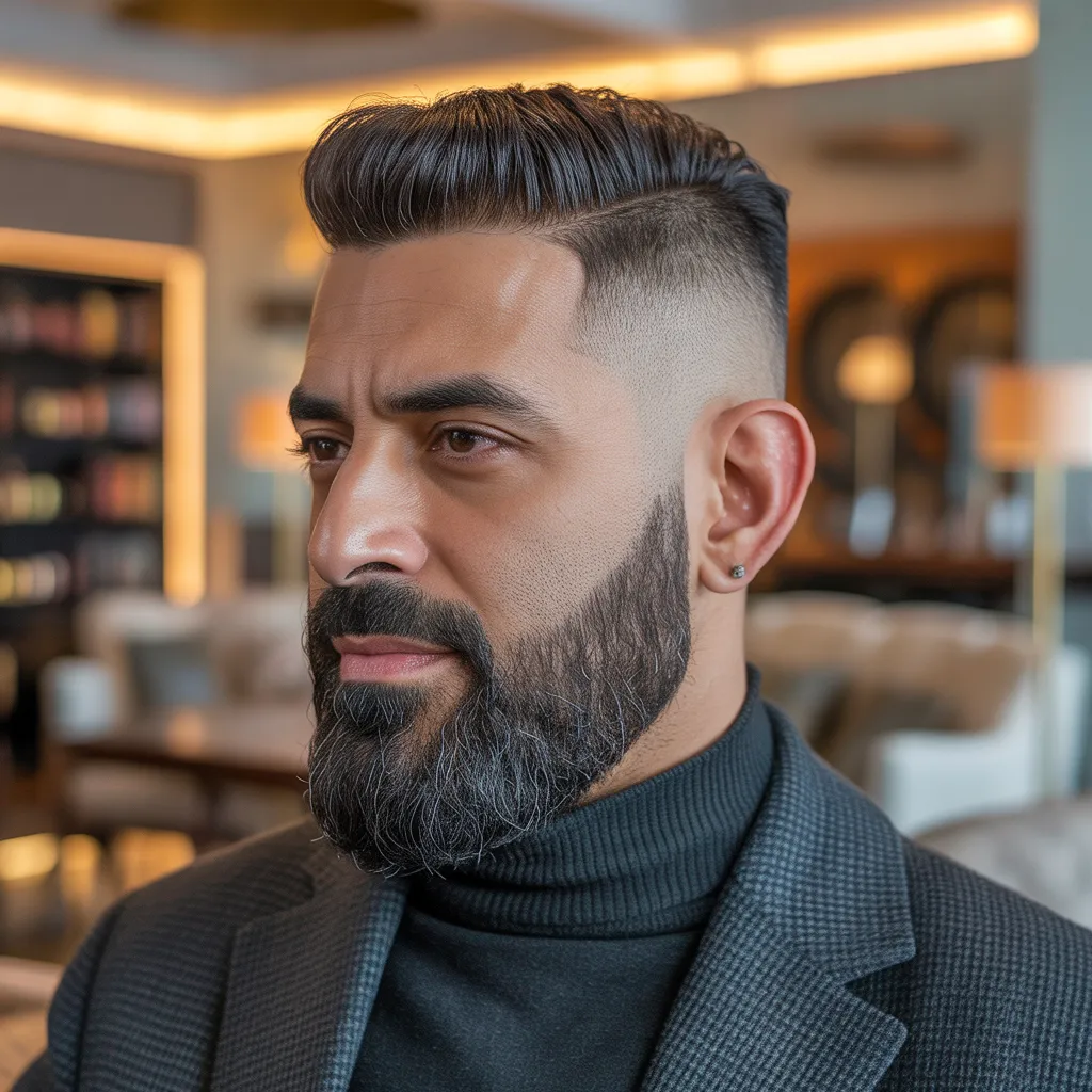 Hombre maduro con corte de pelo caesar y barba media, mid fade, conexión precisa barba-cabello