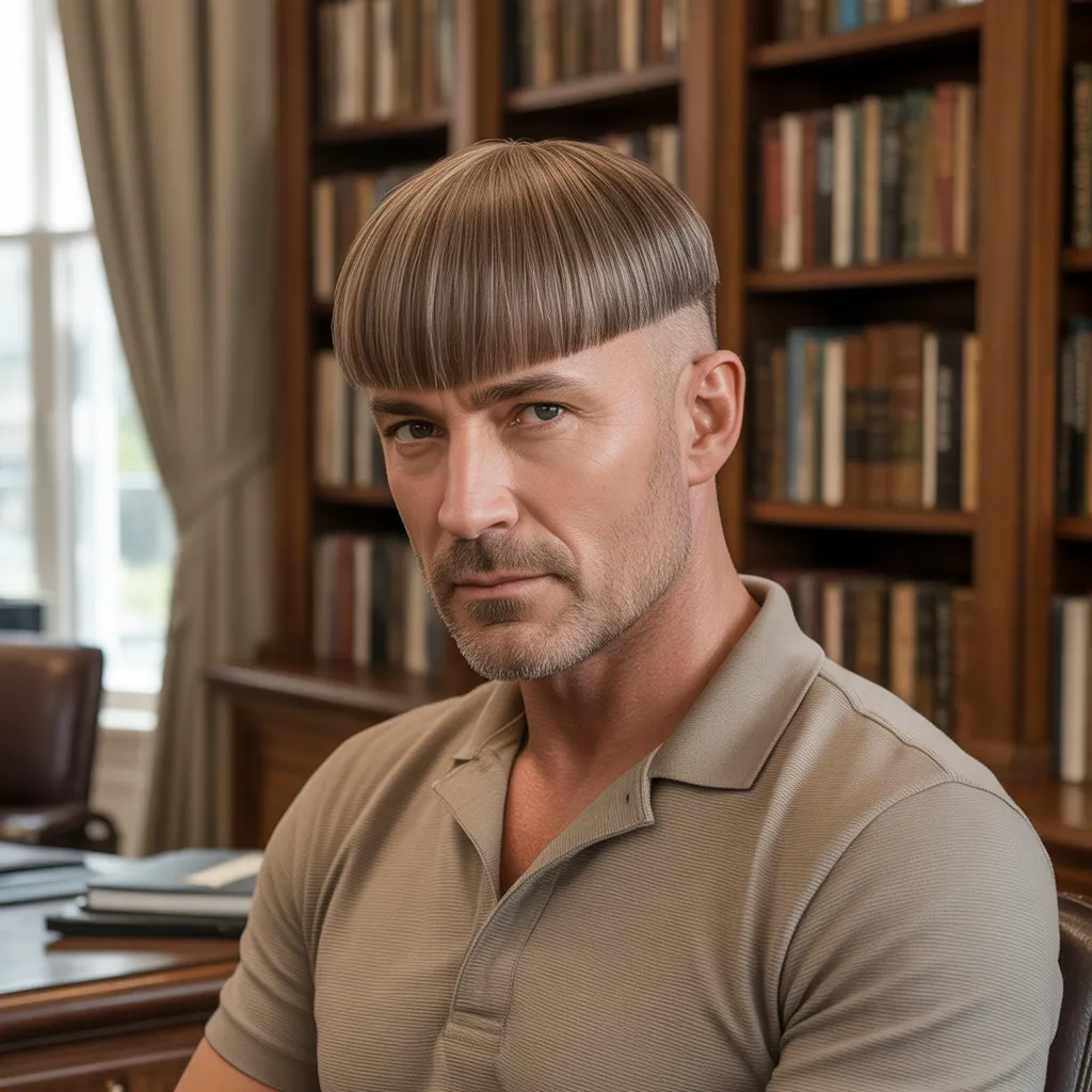  Hombre maduro con corte de pelo caesar para cabello fino, flequillo estratégico, ilusión de densidad, entradas disimuladas