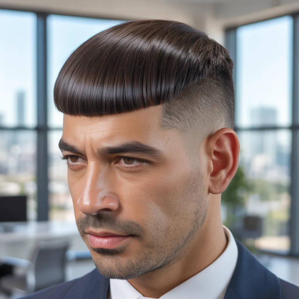 Hombre con corte de pelo caesar clásico, flequillo horizontal preciso 3-4cm, acabado semi-mate natural, estilo ejecutivo