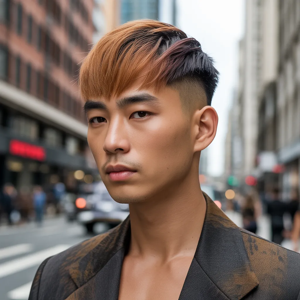 Hombre con corte de pelo caesar y color balayage sutil, mechas caramelos en flequillo, dimensión moderna