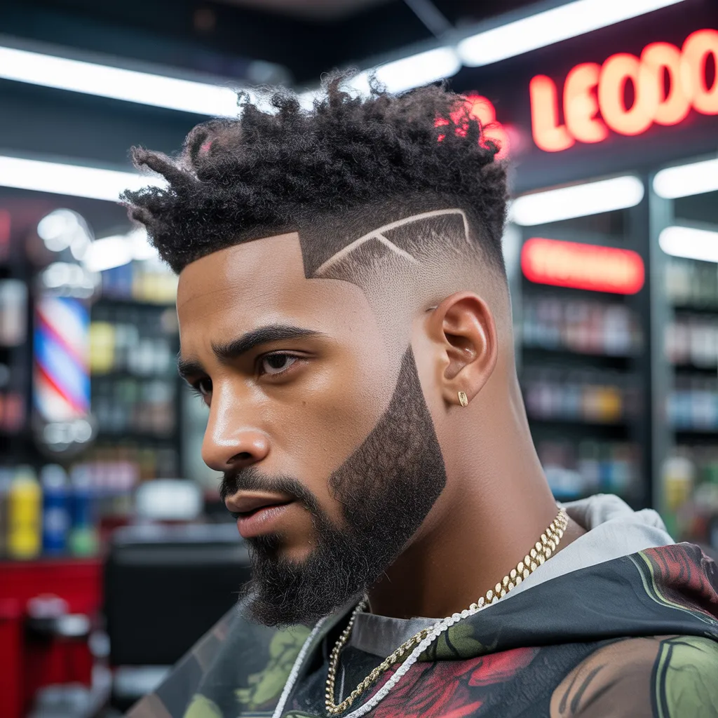  Hombre con corte de pelo caesar high fade, rizos texturizados 3.5cm, degradado alto, barba conectada, estilo urbano