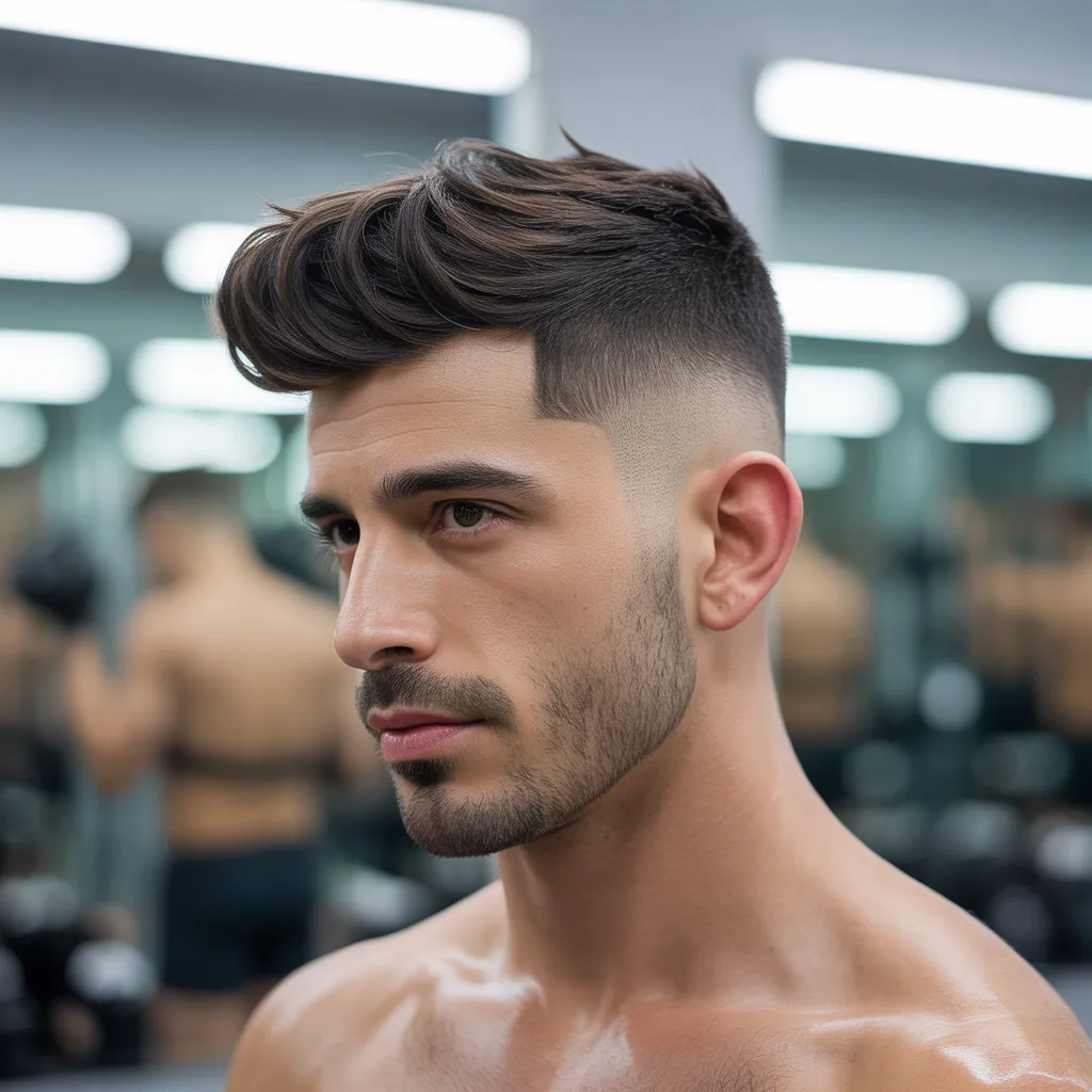 Hombre atlético con corte de pelo caesar mid fade, volumen en flequillo 4.5cm, acabado activo