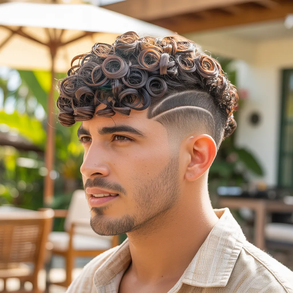 Hombre latino con corte de pelo caesar para rizos, flequillo en espiral definido 4cm, low fade, crema definidora