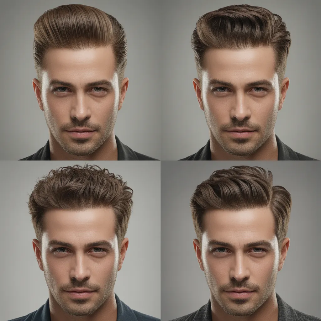 Cuatro paneles mostrando mismo hombre con diferentes pompadours: clásico brillante, moderno fade platino, texturizado despeinado, corto ejecutivo, fondo gris consistente, iluminación profesional, calidad editorial revista cabello