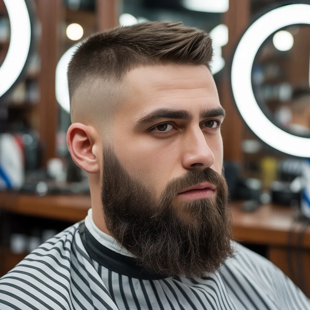 Hombre con corte crew cut y barba completa, contraste entre laterales degradados y barba abundante
