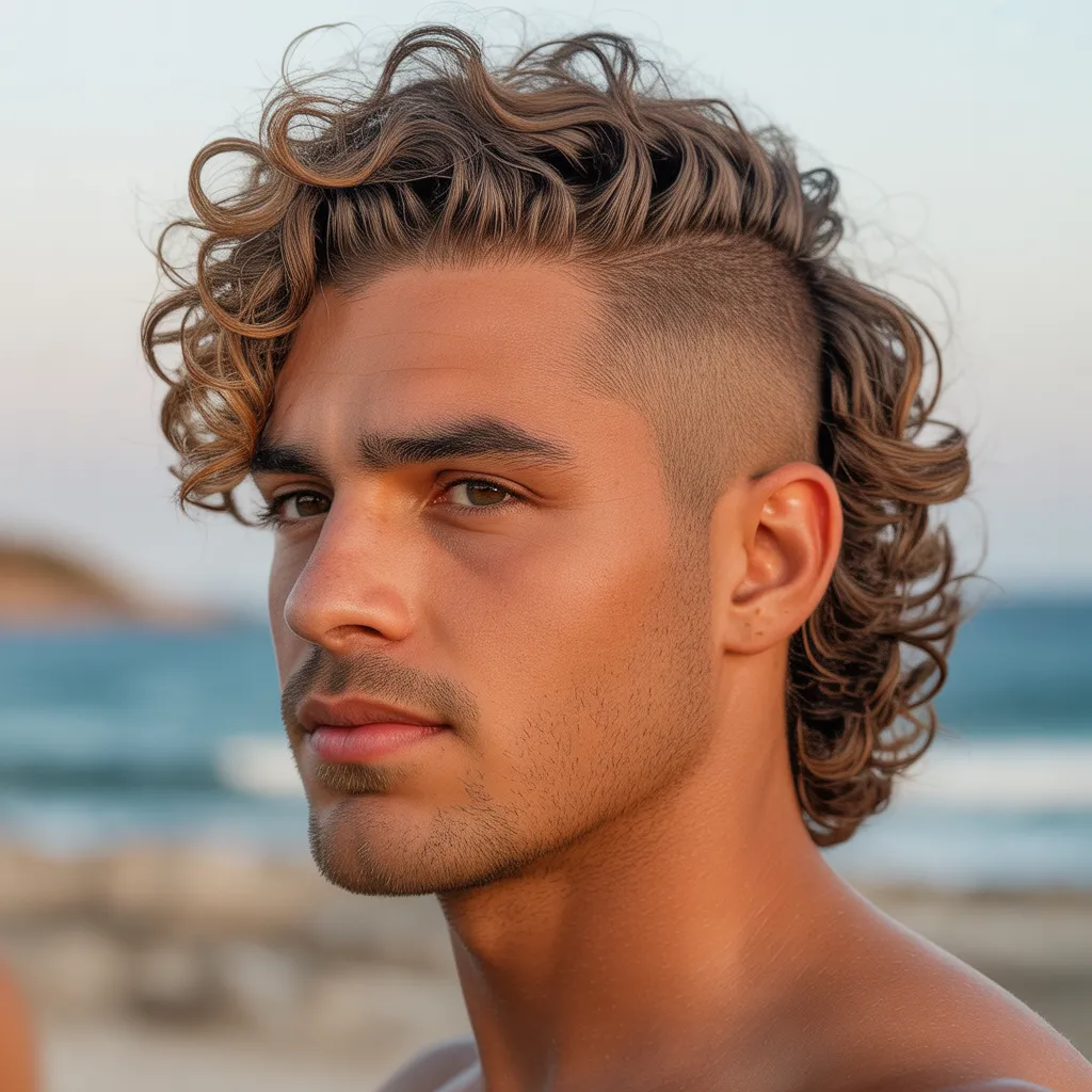 Joven con corte crew cut en cabello ondulado, ondas naturales en la parte superior y degradado en los laterales