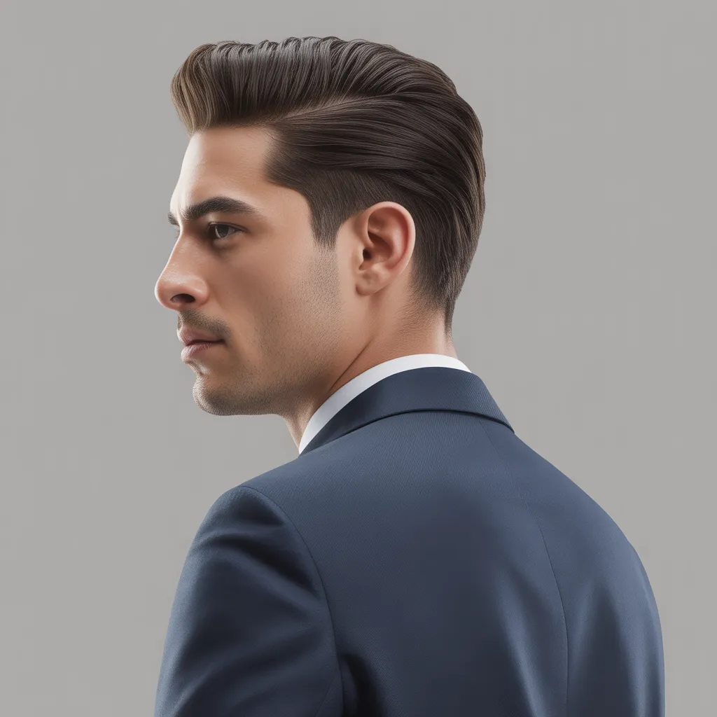 Hombre profesional con corte de pelo crew cut clásico, traje azul marino y acabado pulido