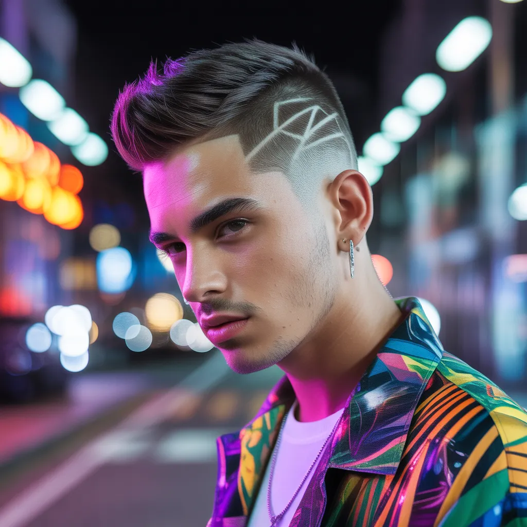 Joven con corte crew cut y diseño geométrico afeitado en los laterales, líneas creativas en el degradado