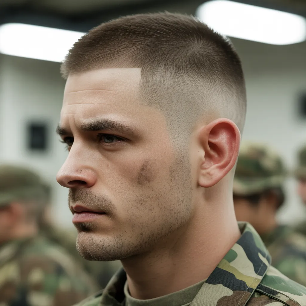 Hombre con uniforme militar y corte crew cut high fade, laterales casi afeitados y parte superior muy corta