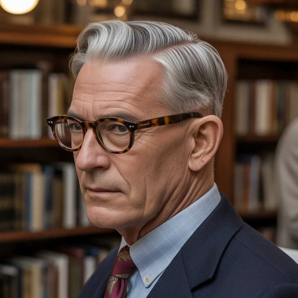 Caballero maduro con corte crew cut y raya lateral marcada, cabello gris peinado con elegancia y gafas de carey