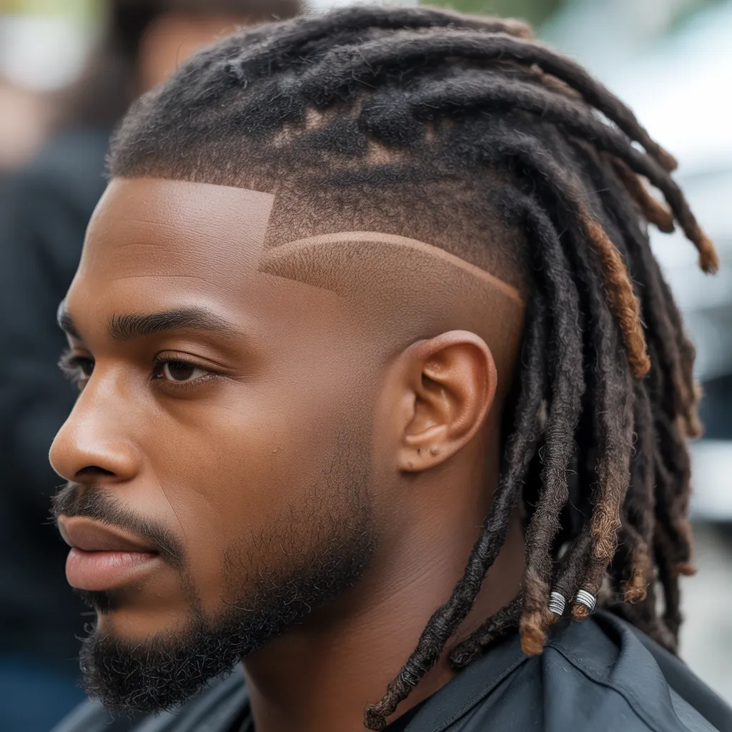 Hombre con dreadlocks medianos y drop fade bajo, curva elegante detrás de las orejas