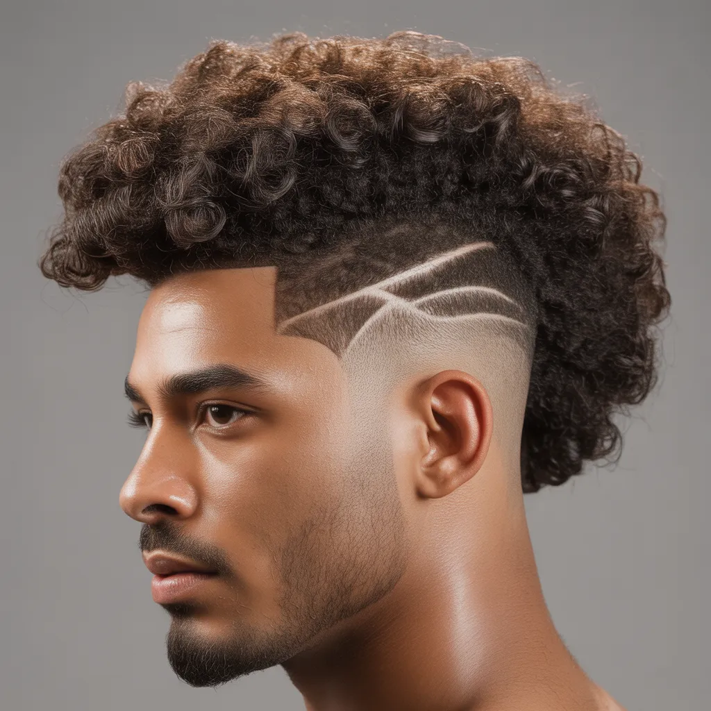 Hombre con corte drop fade afro, fade curvo detrás de la oreja con volumen en la parte superior