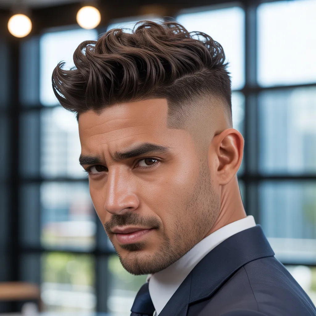 Hombre de negocios hispano con faux hawk elegante, traje azul marino y fade bajo profesional