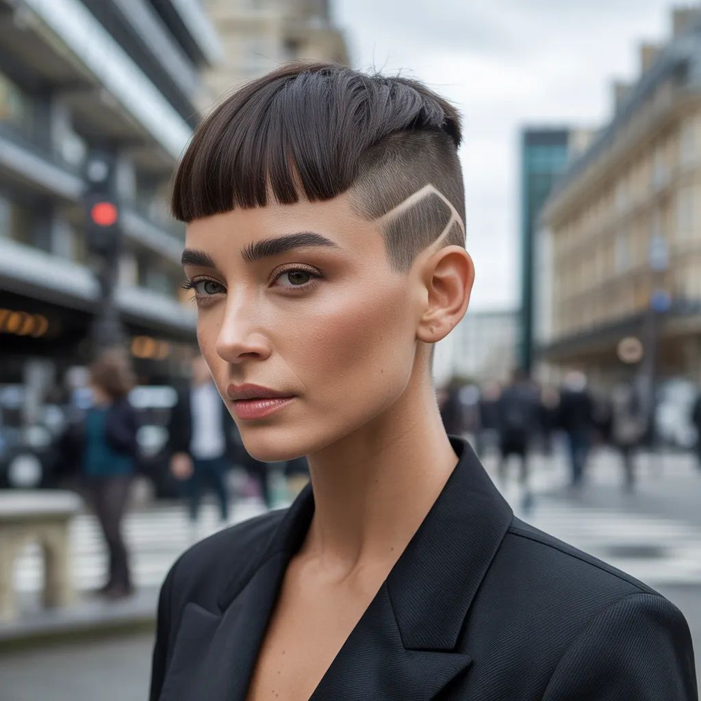 Mujer con french crop, laterales con fade degradado, flequillo recto sobre cejas, cabello oscuro lacio, blazer negro ajustado