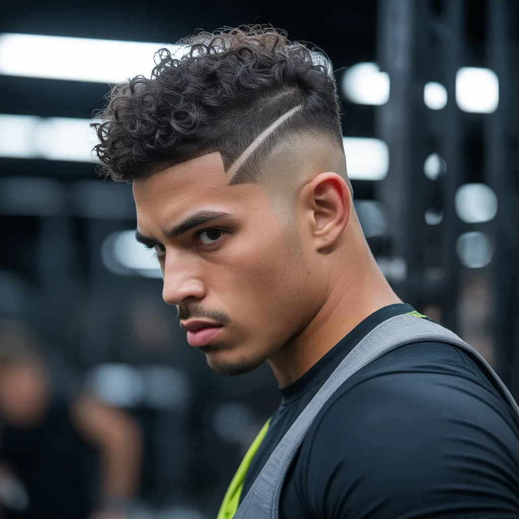 Atleta con high burst fade dramático, degradado alto en la sien y volumen rizado abundante en la parte superior