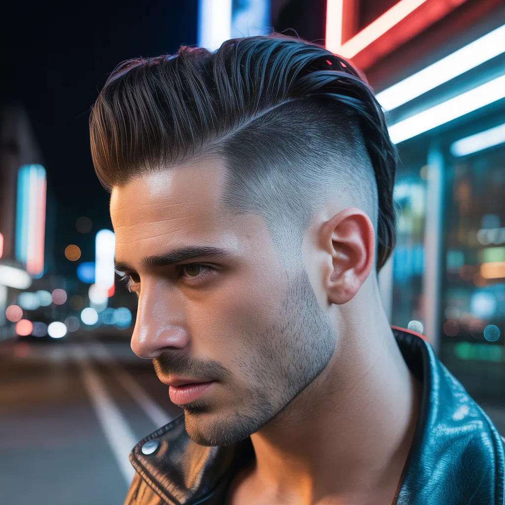 High fade slicked back con máximo contraste, estilo urbano audaz para hombres seguros