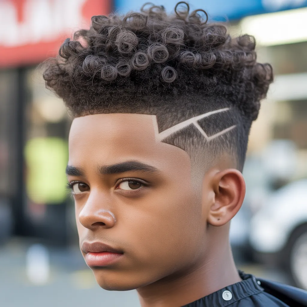 Joven con high-top fade moderno, altura media con textura rizada y fade alto en los lados