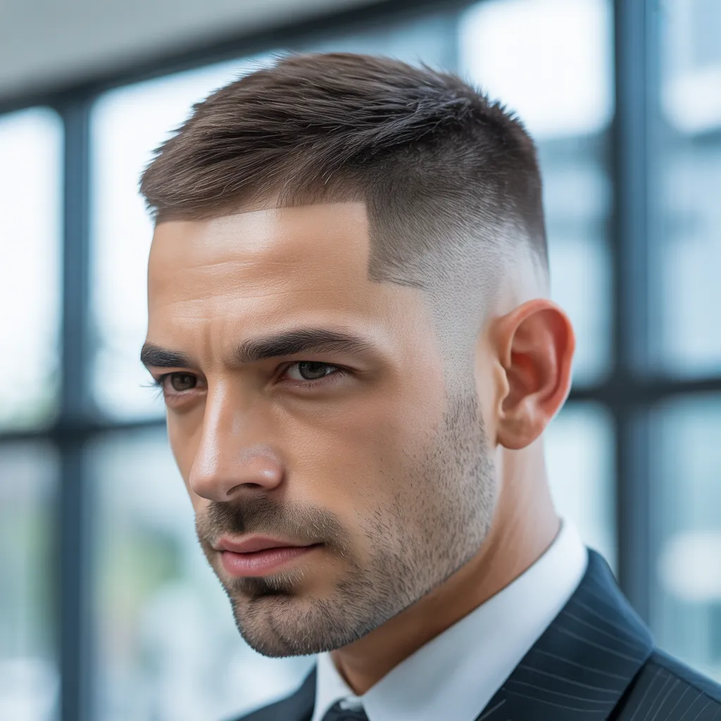 Profesional con low burst fade conservador, degradado sutil comenzando encima de la oreja para ambiente corporativo