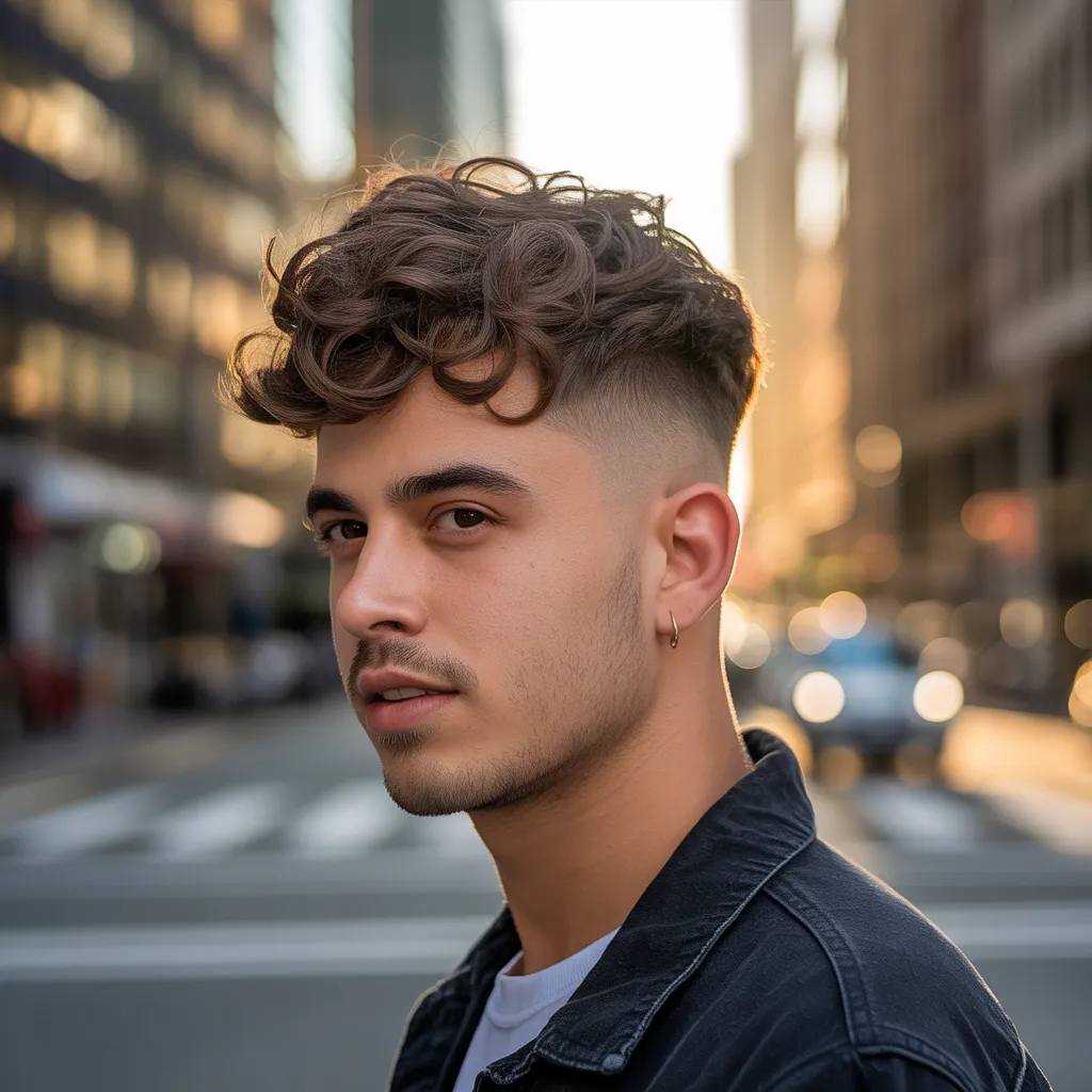 Joven con mid burst fade equilibrado, degradado medio con cabello ondulado texturizado en ambiente urbano