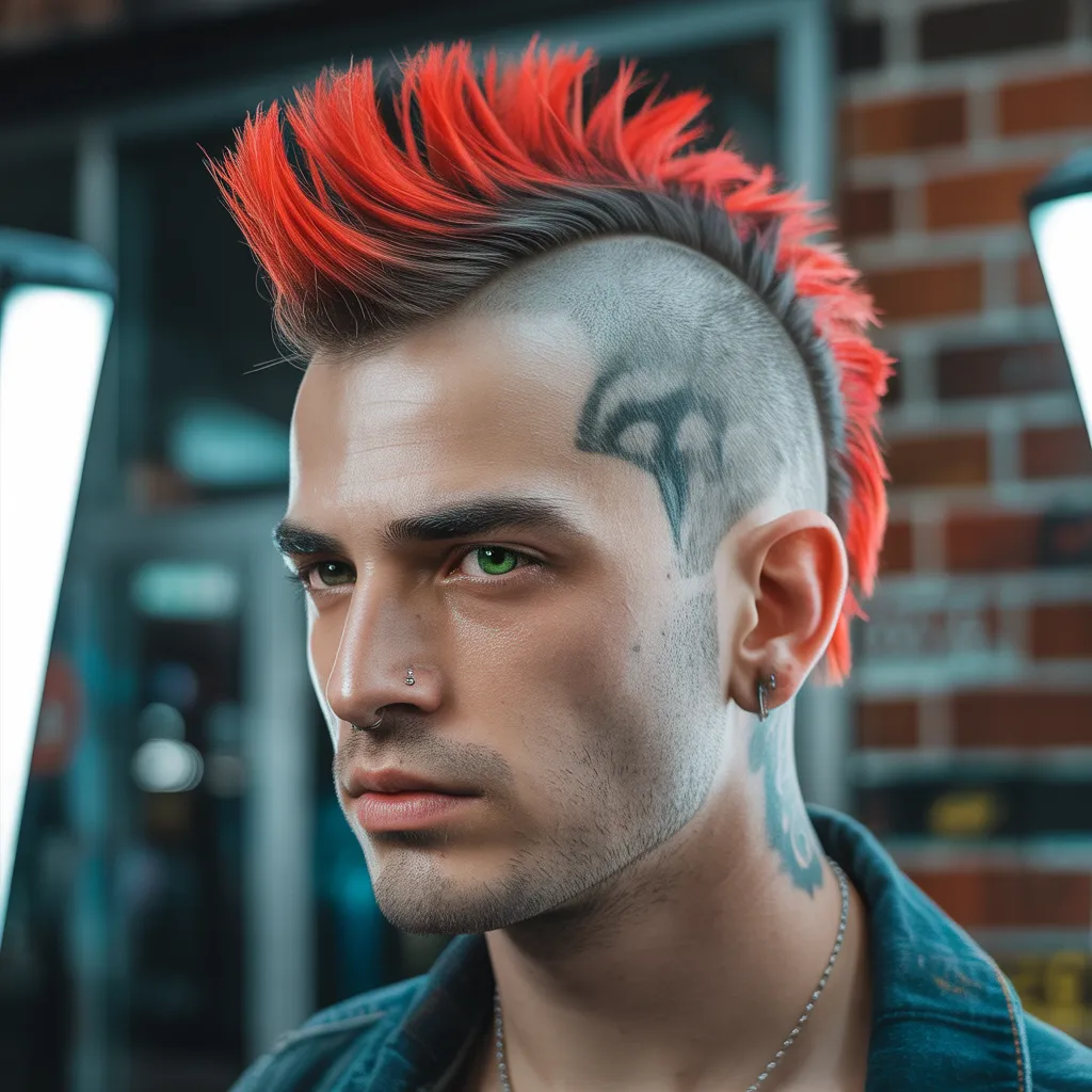 Hombre joven con mohawk clásico punk de cresta alta roja neón y lados completamente rapados, estilo rebelde urbano