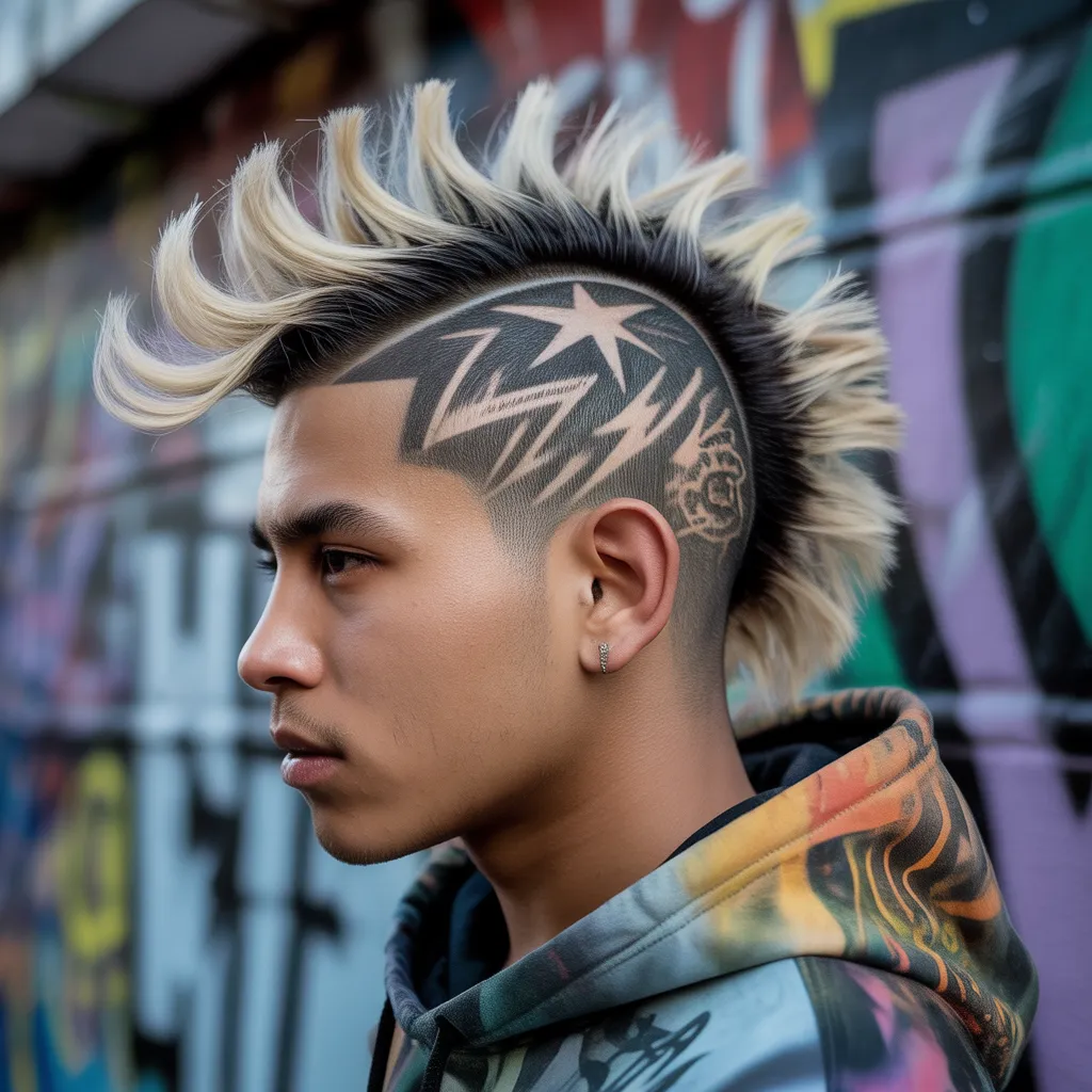  Joven latino con mohawk rubio platino y hair tattoos de rayos y estrellas afeitados en los lados rapados