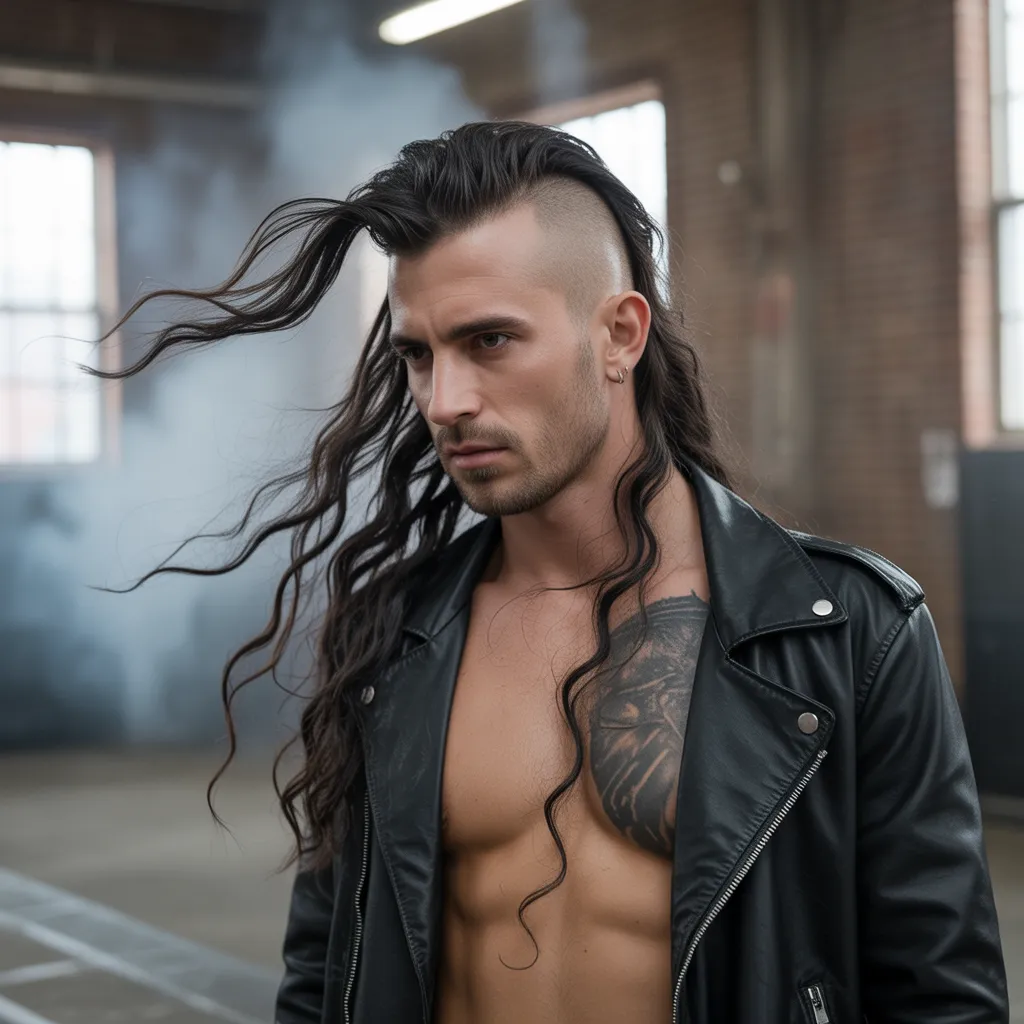 Mujer alternativa con mohawk largo negro hasta la cintura, lados rapados y chaqueta de cuero negra con tachuelas