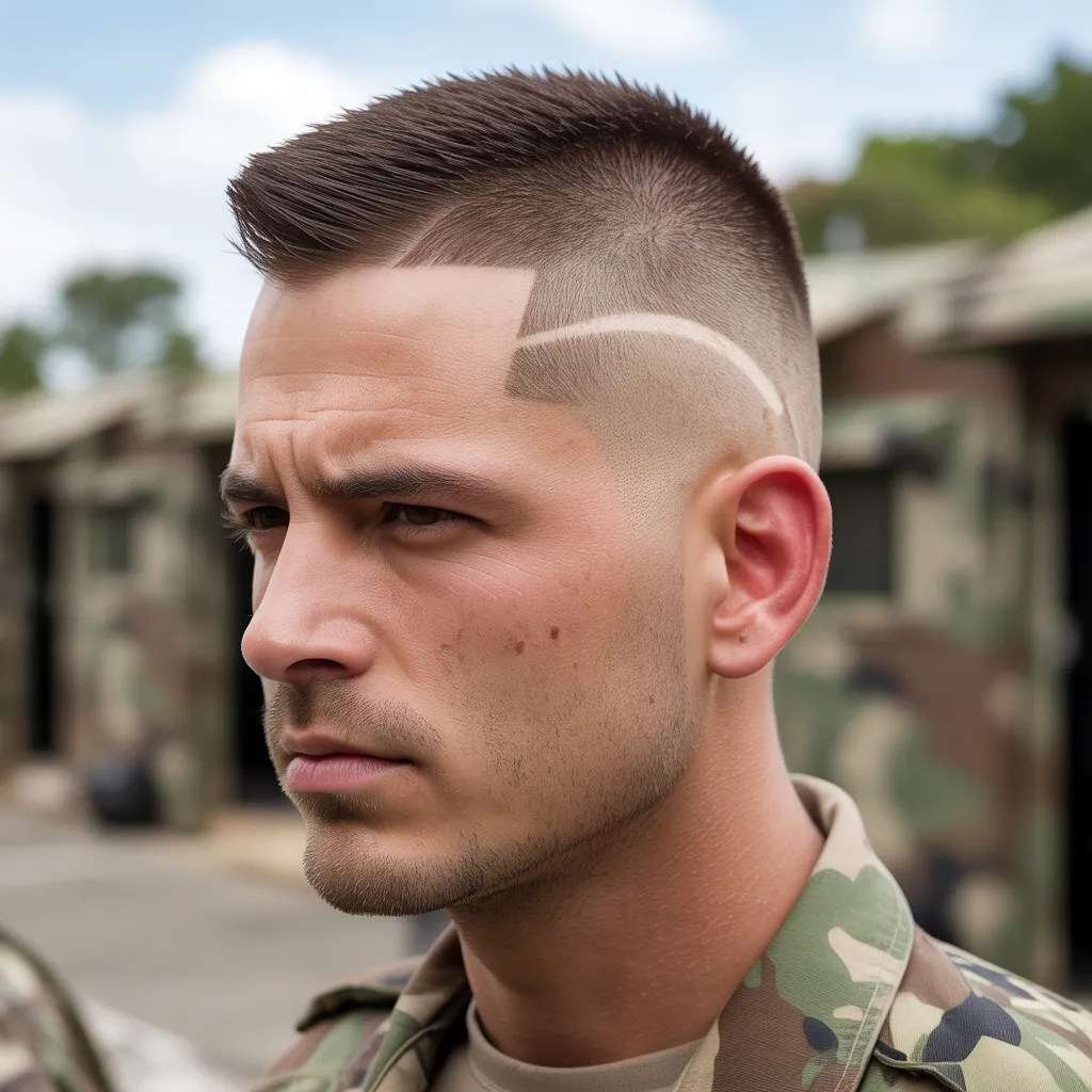 Hombre militar con mohawk corto de 2cm, uniforme camuflaje y fade alto y apretado en los lados