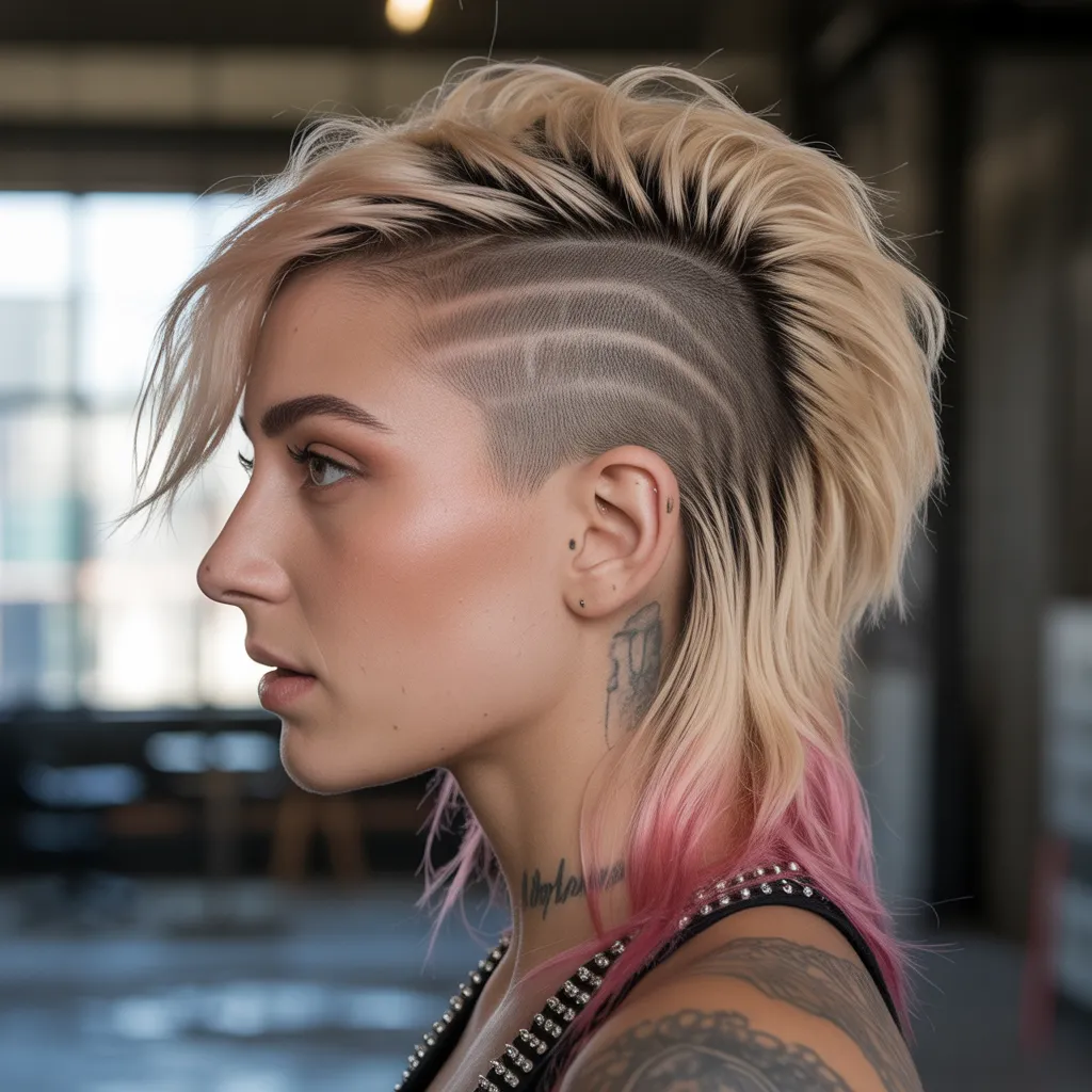 Mujer con mohawk moderno sutil, franja central texturizada, laterales de 4mm, underlights rosas, tatuajes en cuello