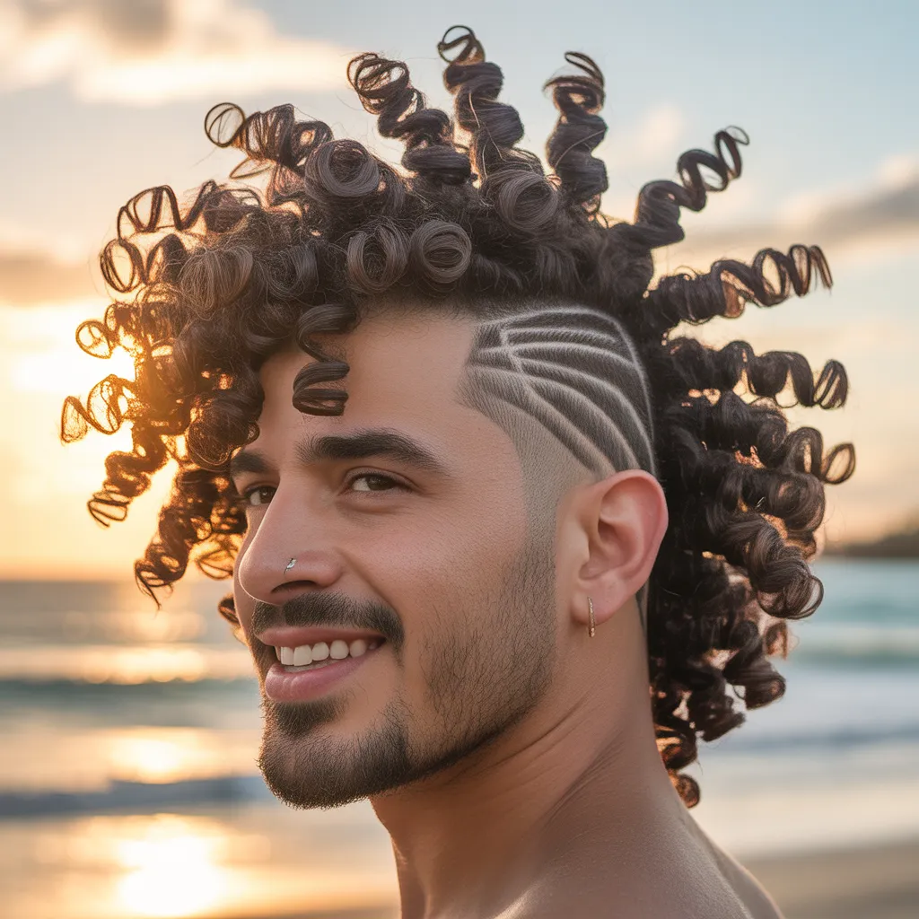 Hombre latino con mohawk de rizos naturales 3C voluminosos, skin fade y barba conectada, fondo de playa al atardecer