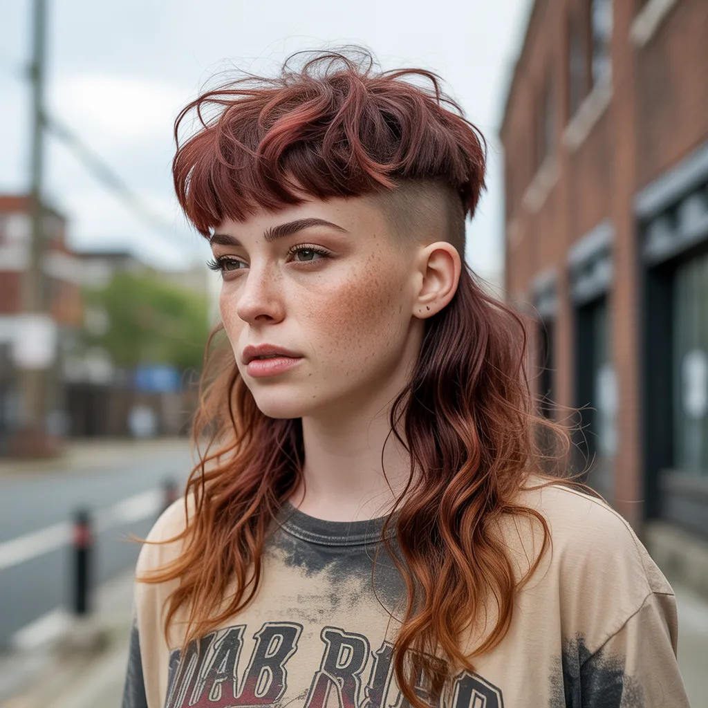Mujer con mullet moderno, flequillo corto texturizado y nuca larga ondulada, color cobrizo, estilo rock desenfadado