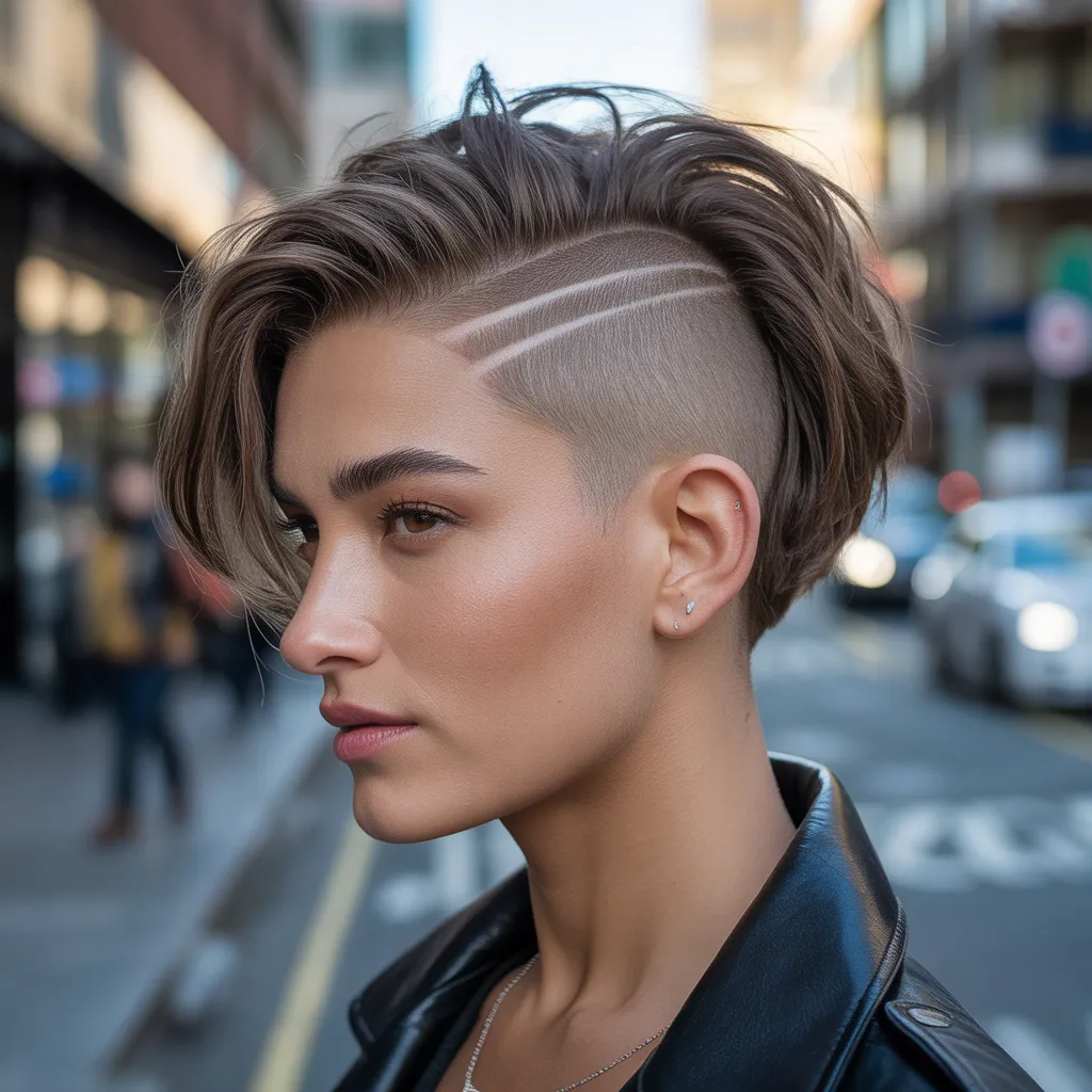 Mujer con corte pixie undercut, laterales rapados de 2mm y coronilla texturizada, estilo tomboy moderno y sofisticado