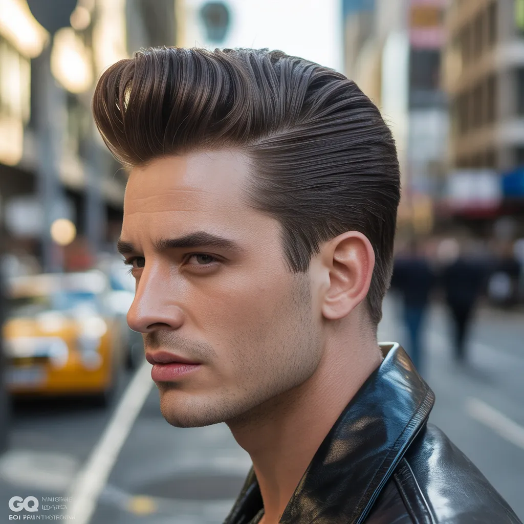 Hombre con pompadour clásico de 5 pulgadas de altura, laterales taper de 0.5 pulgadas, cabello castaño oscuro brillante, chaqueta de cuero negra estilo 1950, expresión confiada tipo Elvis