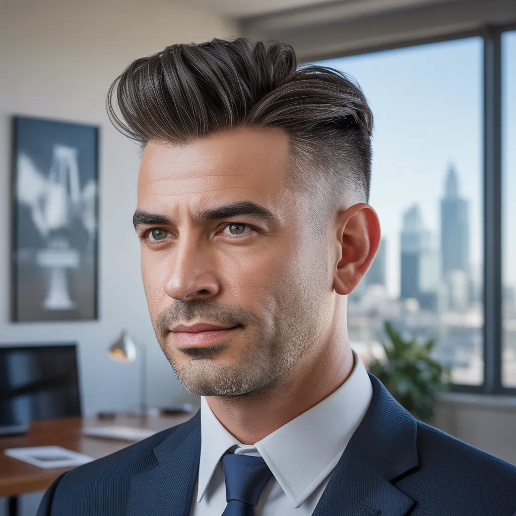 Hombre de negocios confidente con pompadour corto profesional, top de 2 pulgadas pulido, laterales taper de 1 pulgada, cabello negro con canas en sienes, traje azul marino corbata, oficina moderna con vista ciudad