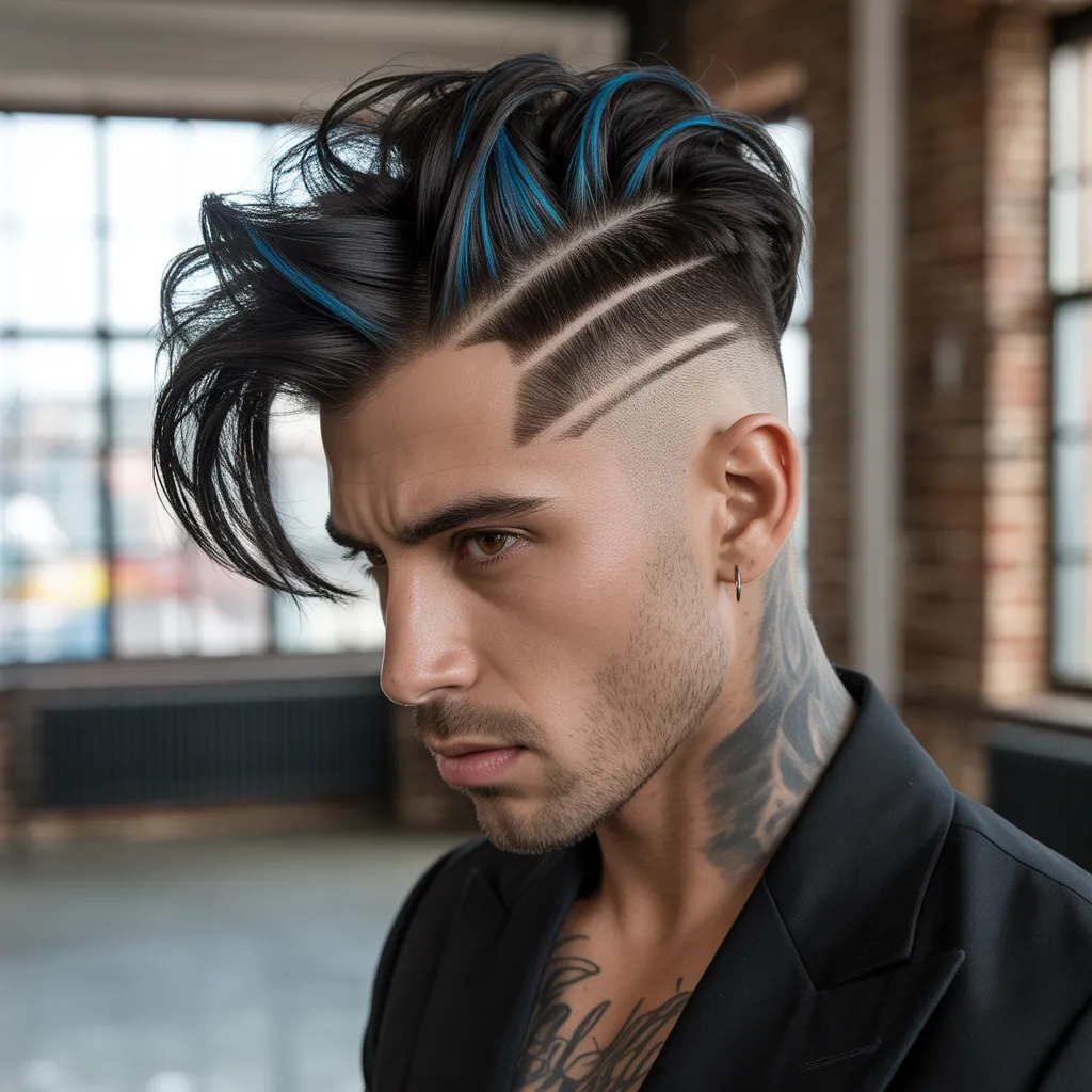 Hombre edgy con pompadour desconectado, laterales rapados 1mm con undercut, top negro de 6 pulgadas con underlights azules, tatuajes en cuello, traje negro diseñador, fondo loft industrial