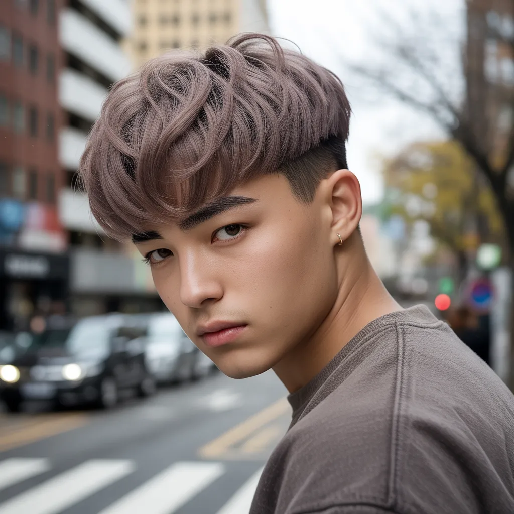 Hombre joven fashion con pompadour flequillo, top de 4 pulgadas con bangs cayendo sobre frente, cabello rubio cenizo oscuro, suéter gris oversize, arte urbano en fondo, estética TikTok