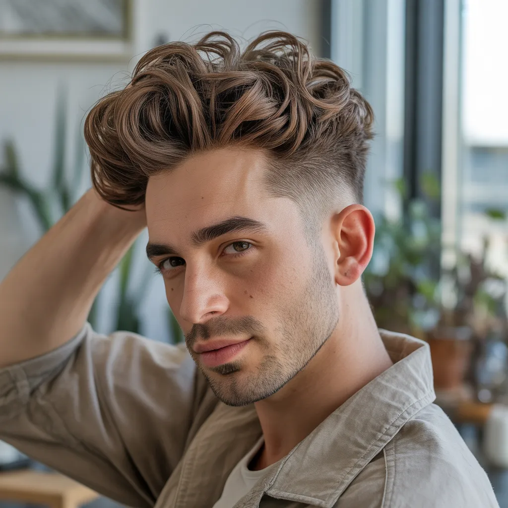 Hombre trendy con pompadour no fade, laterales de 2 pulgadas naturales, top de 4 pulgadas con ondas castañas, acabado mate texturizado, camisa beige oversize, interior escandinavo moderno