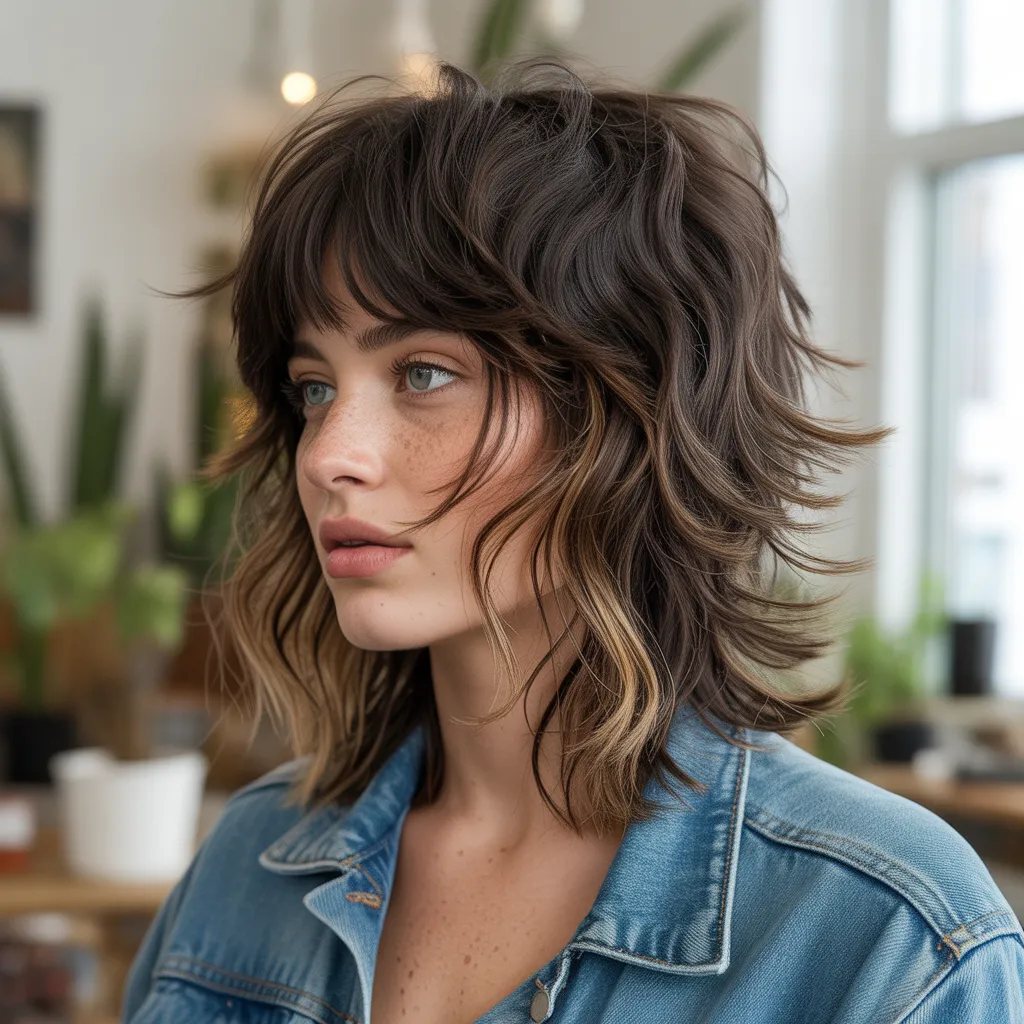 Mujer con shag cut, capas desfiladas hasta los hombros, flequillo cortina, balayage caramelo, estilo rock setentero